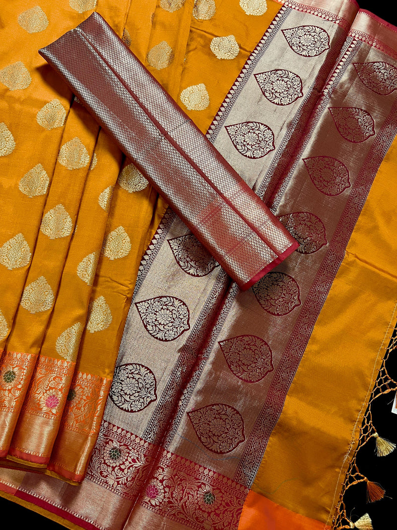 Statement Handmade Antique Gold Color Banarasi Semi Katan Silk Saree