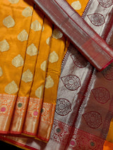 Statement Handmade Antique Gold Color Banarasi Semi Katan Silk Saree