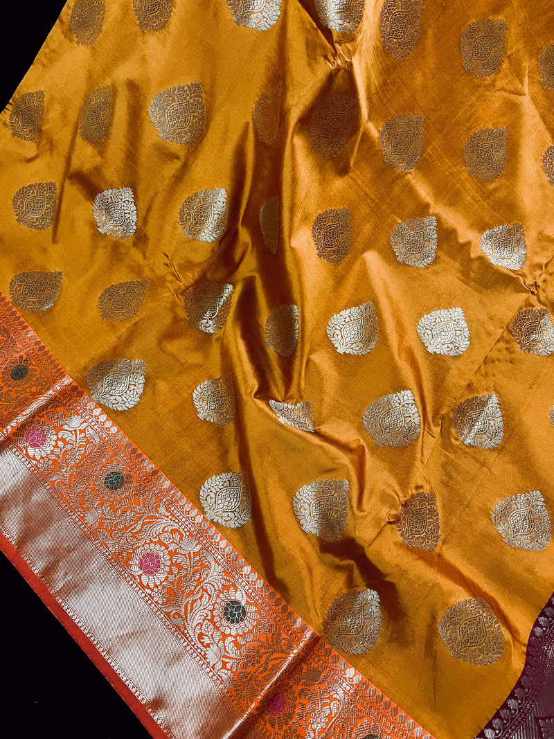 Statement Handmade Antique Gold Color Banarasi Semi Katan Silk Saree