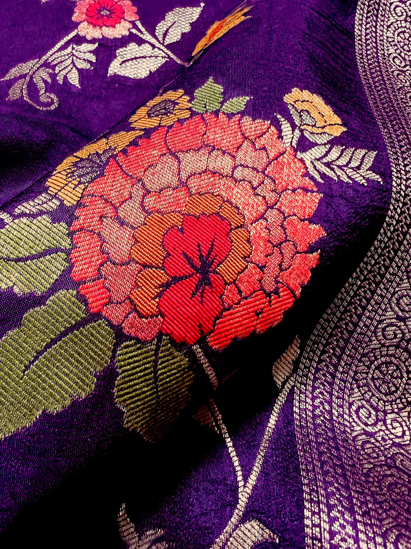 Statement Floral Jaal Saree in Purple Color in Pure Satin Silk  - Handwoven Saree = Silk Mark Certified