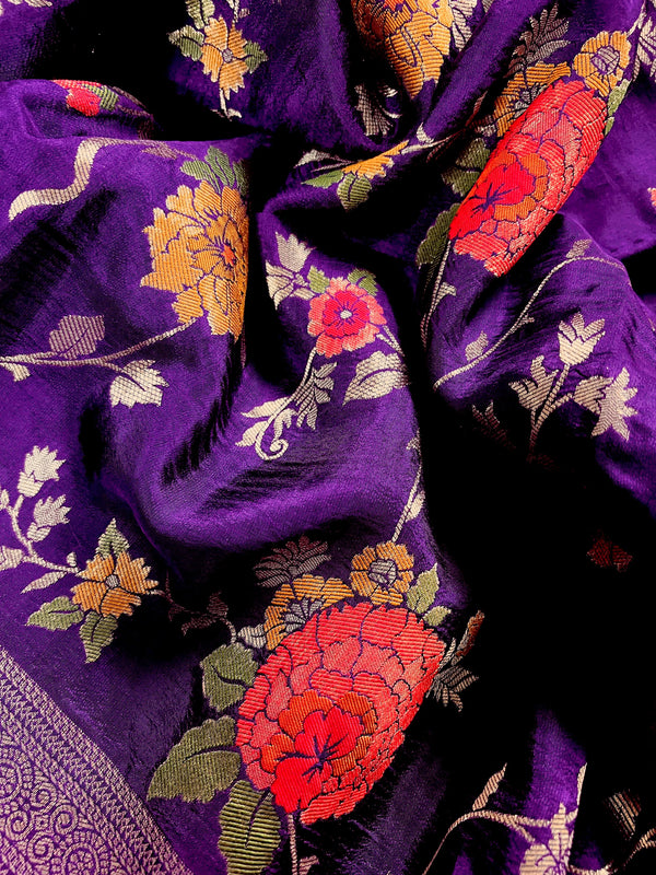 Statement Floral Jaal Saree in Purple Color in Pure Satin Silk  - Handwoven Saree = Silk Mark Certified