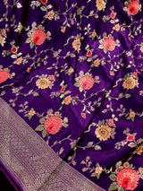 Statement Floral Jaal Saree in Purple Color in Pure Satin Silk  - Handwoven Saree = Silk Mark Certified