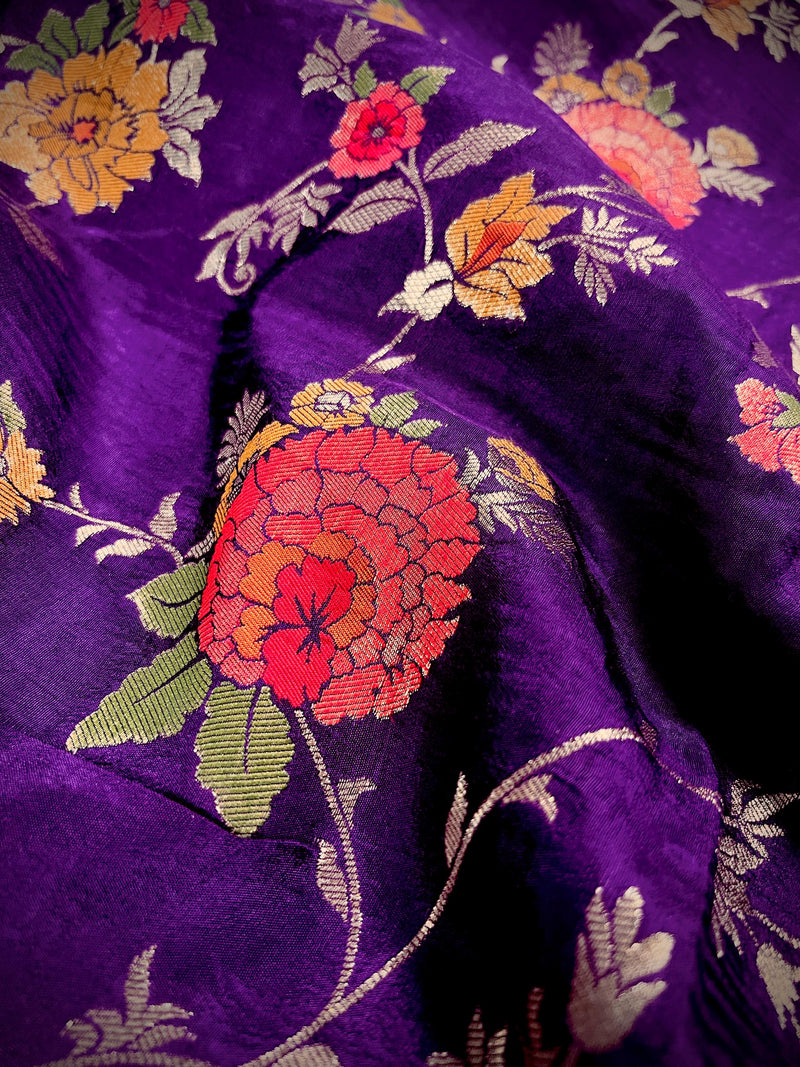 Statement Floral Jaal Saree in Purple Color in Pure Satin Silk  - Handwoven Saree = Silk Mark Certified