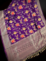 Statement Floral Jaal Saree in Purple Color in Pure Satin Silk  - Handwoven Saree = Silk Mark Certified