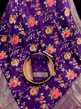 Statement Floral Jaal Saree in Purple Color in Pure Satin Silk  - Handwoven Saree = Silk Mark Certified