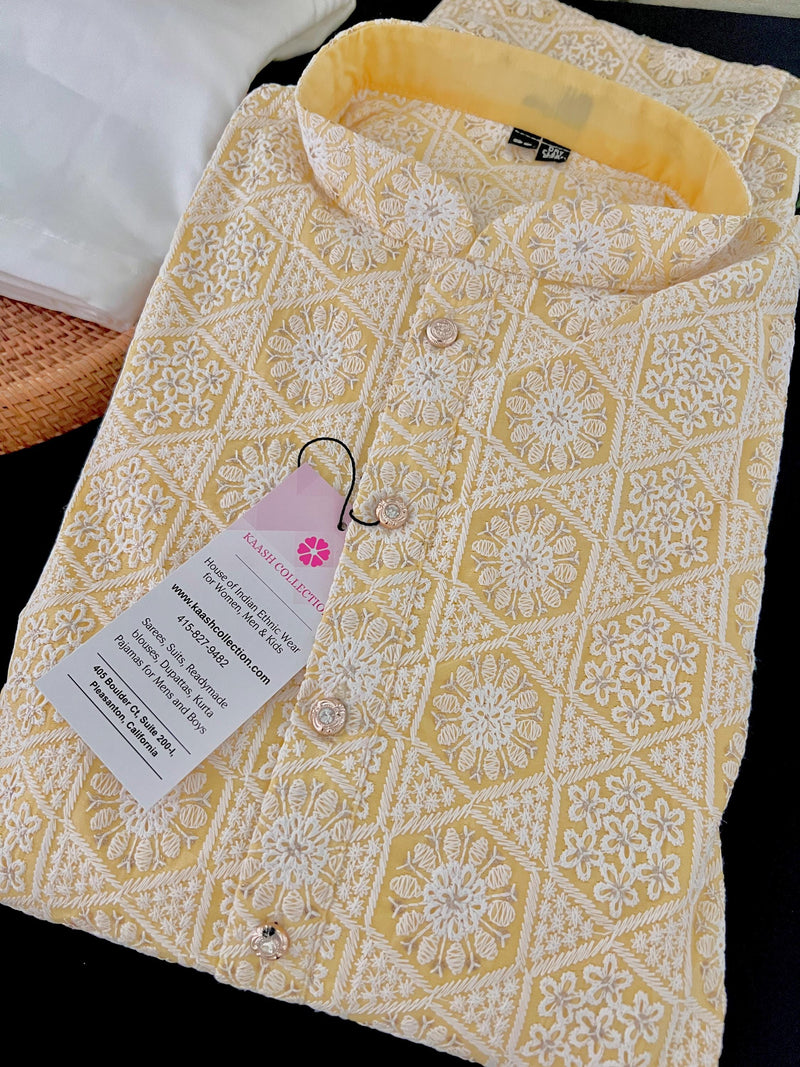 Pastel Yellow Color Chikankari Lucknowi Pure Cotton Kurta Pajama Set with Sequin and with Lining -Chikhankari Kurta