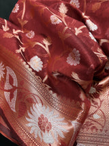 Brick Red Semi Banarasi Silk Saree with Copper Zari | Floral Pattern Jaal in Copper and Sliver Zari | Silk Sarees