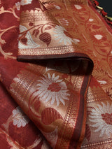 Brick Red Semi Banarasi Silk Saree with Copper Zari | Floral Pattern Jaal in Copper and Sliver Zari | Silk Sarees