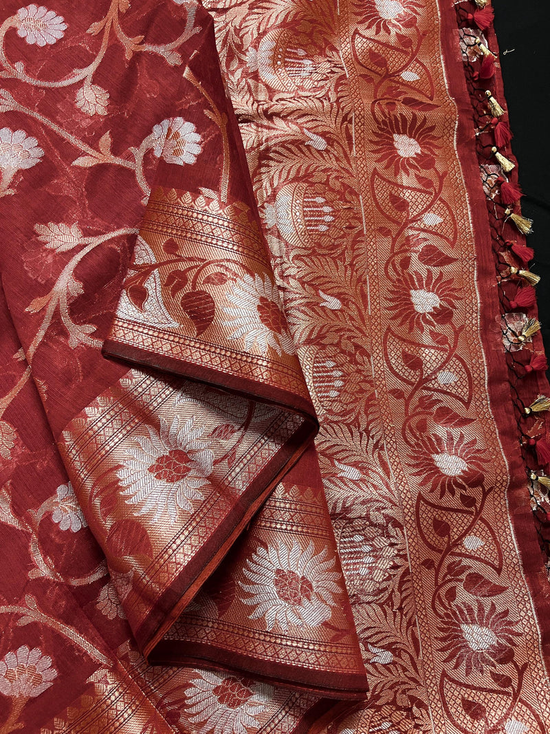 Brick Red Semi Banarasi Silk Saree with Copper Zari | Floral Pattern Jaal in Copper and Sliver Zari | Silk Sarees