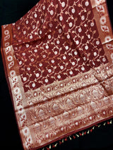 Brick Red Semi Banarasi Silk Saree with Copper Zari | Floral Pattern Jaal in Copper and Sliver Zari | Silk Sarees