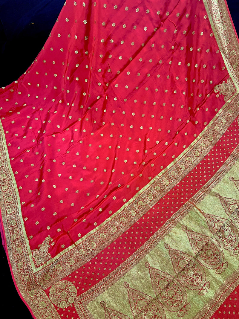 Statement Red Color Pure Crepe  Silk Saree with Koniya design | Gold Zari Weave | Silk Mark Certified | Pure Crepe Silk Sarees