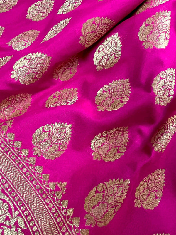 Hot Pink Color Banarasi Silk Saree in Gold Zari Weave Work