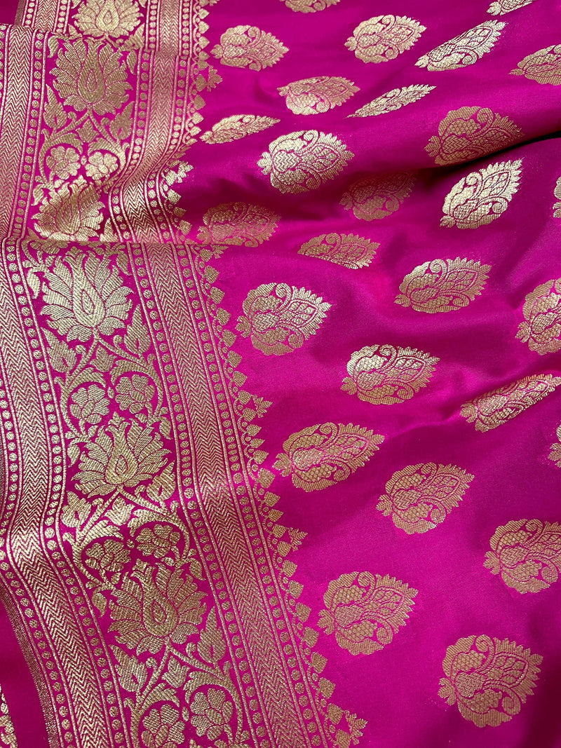 Hot Pink Color Banarasi Silk Saree in Gold Zari Weave Work