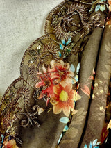 Olive Green Color Soft Organza Dupatta with Embroidery, Sequin and Zari with Floral Digital Prints