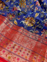 Blue and Red  Pure Chiniya Silk Saree with Floral Digital Prints | Statement Sarees | Banarasi Chiniya Silk Saree