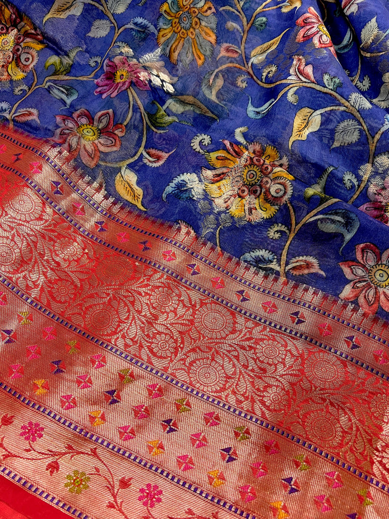 Blue and Red  Pure Chiniya Silk Saree with Floral Digital Prints | Statement Sarees | Banarasi Chiniya Silk Saree