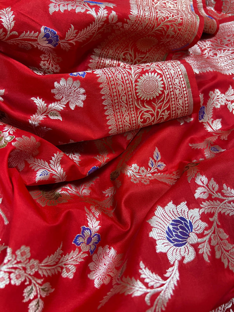 Statement Red Saree with Jaal Weave Banarasi Butter Soft Silk in Sliver Zari with Floral Design with Meenakari