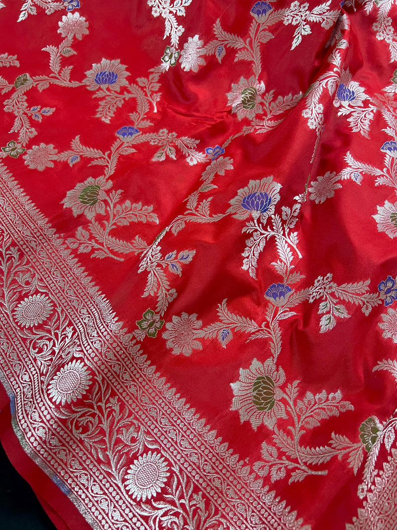 Statement Red Saree with Jaal Weave Banarasi Butter Soft Silk in Sliver Zari with Floral Design with Meenakari