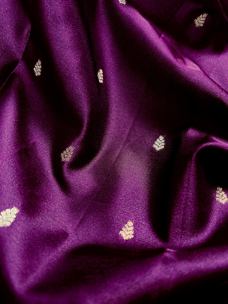 Brinjal Purple Color Banarasi Light Weight Satin Silk with Handwoven Copper Zari Weaving