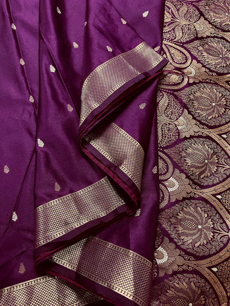 Brinjal Purple Color Banarasi Light Weight Satin Silk with Handwoven Copper Zari Weaving