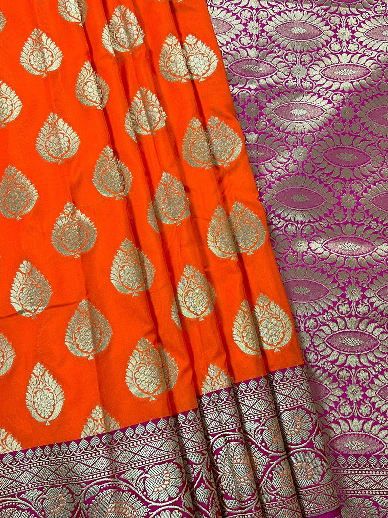 Bright Fanta Orange Traditional Banarasi handloom Saree Silk with Pink Borders and Pallu | Banarasi Soft Silk Saree