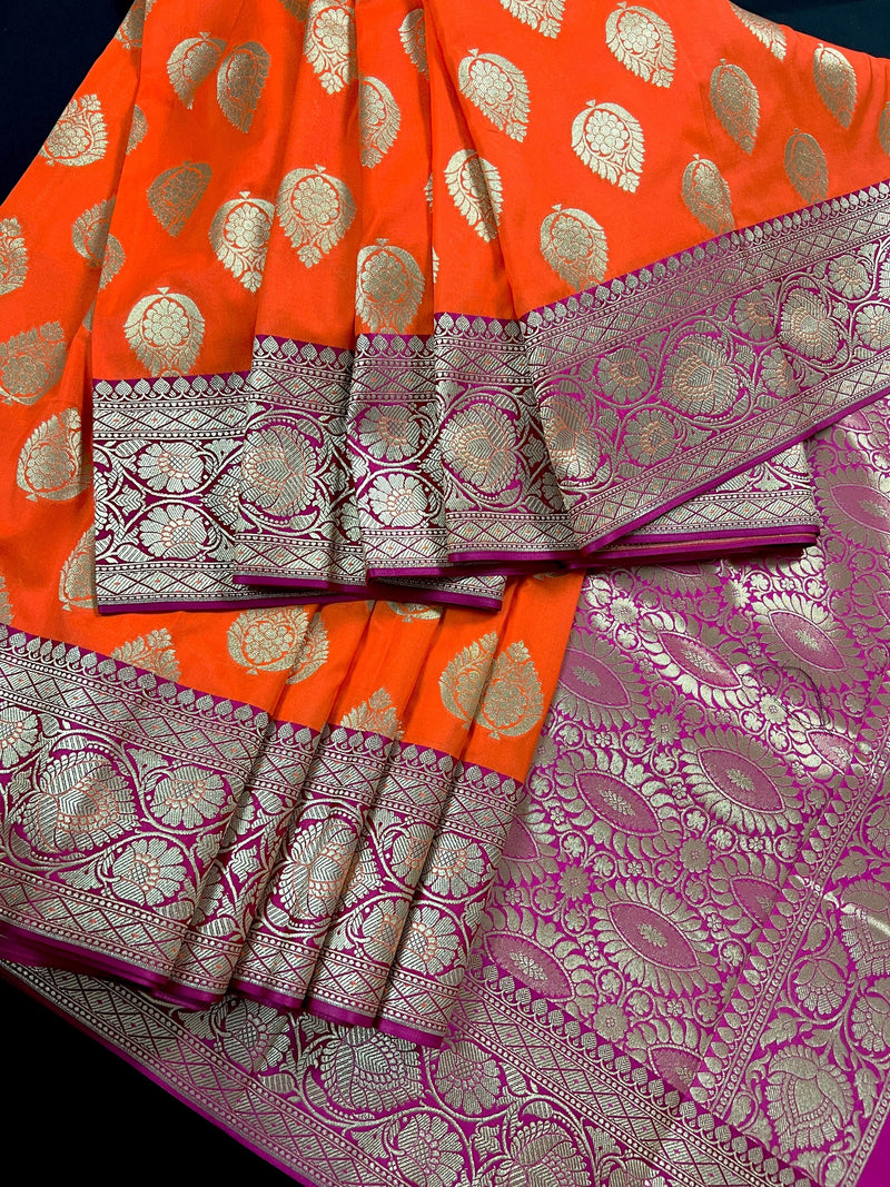 Bright Fanta Orange Traditional Banarasi handloom Saree Silk with Pink Borders and Pallu | Banarasi Soft Silk Saree