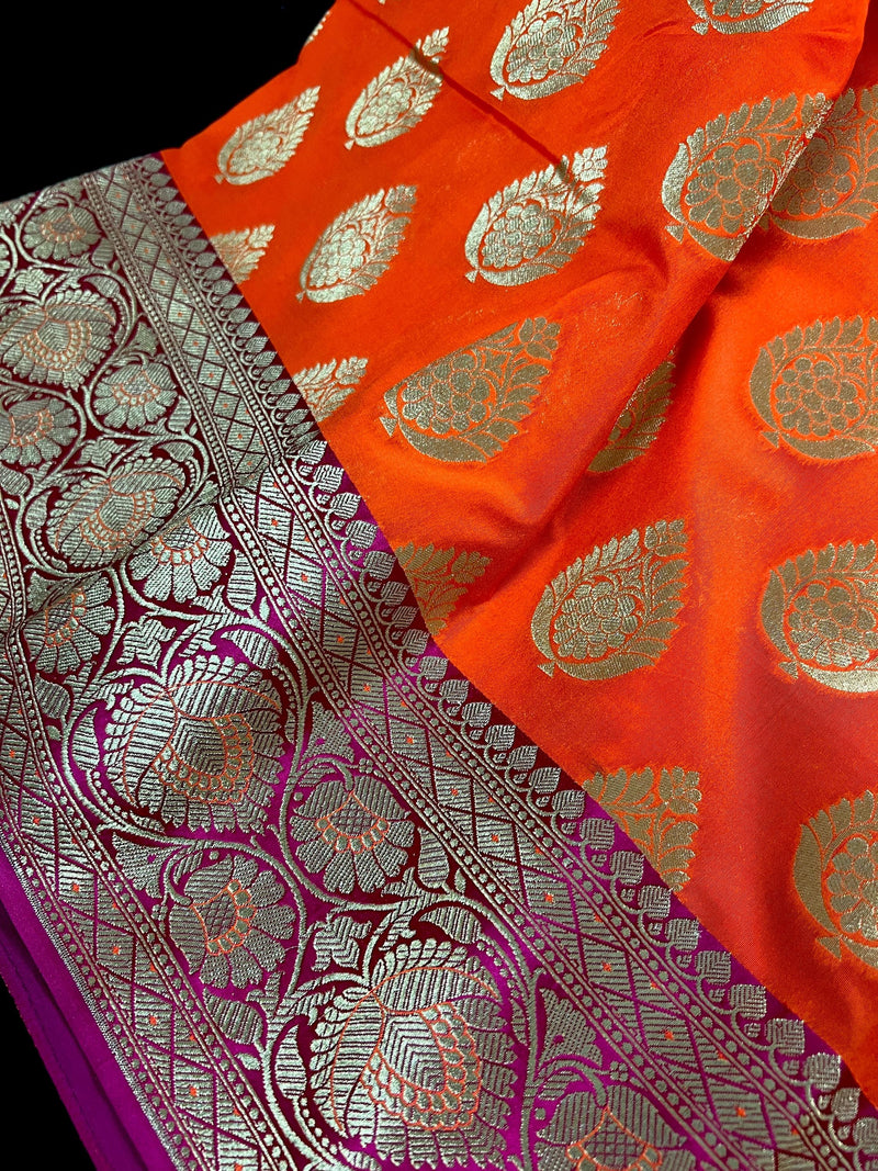 Bright Fanta Orange Traditional Banarasi handloom Saree Silk with Pink Borders and Pallu | Banarasi Soft Silk Saree