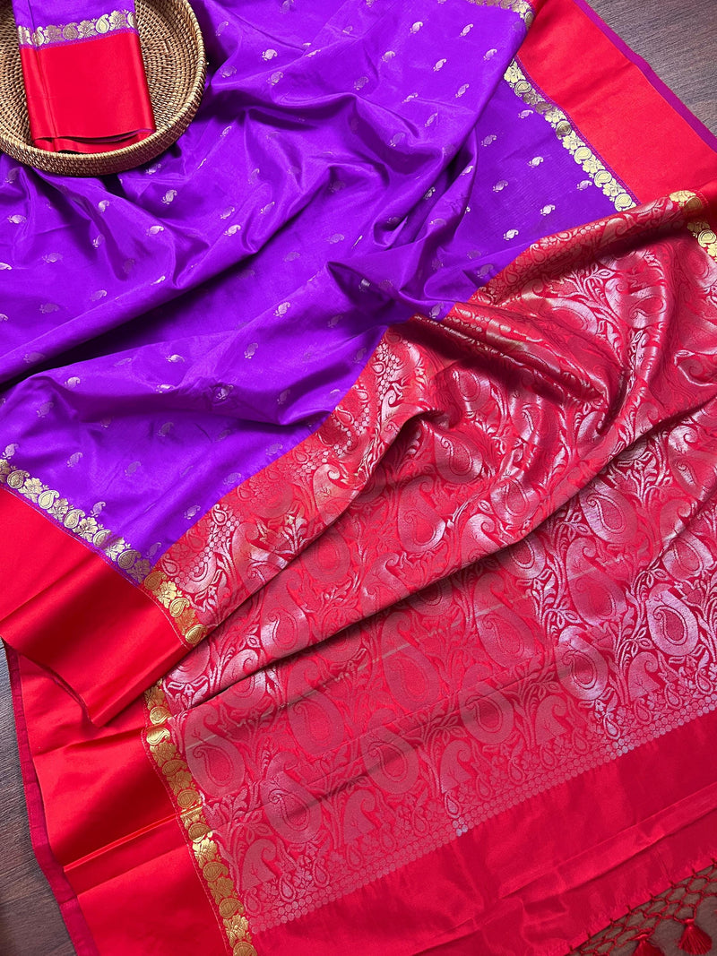 Statement Designer Light Violet with Red border and Pallu Saree | Banarasi Silk Saree | Soft Silk Saree