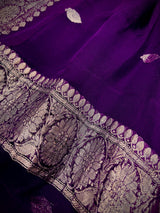 Eggplant Purple Pure Chiffon Silk Saree with Sliver Zari Work | Ambi Style Butta on the Border | Party Wear Sarees | SILK MARK CERTIFIED