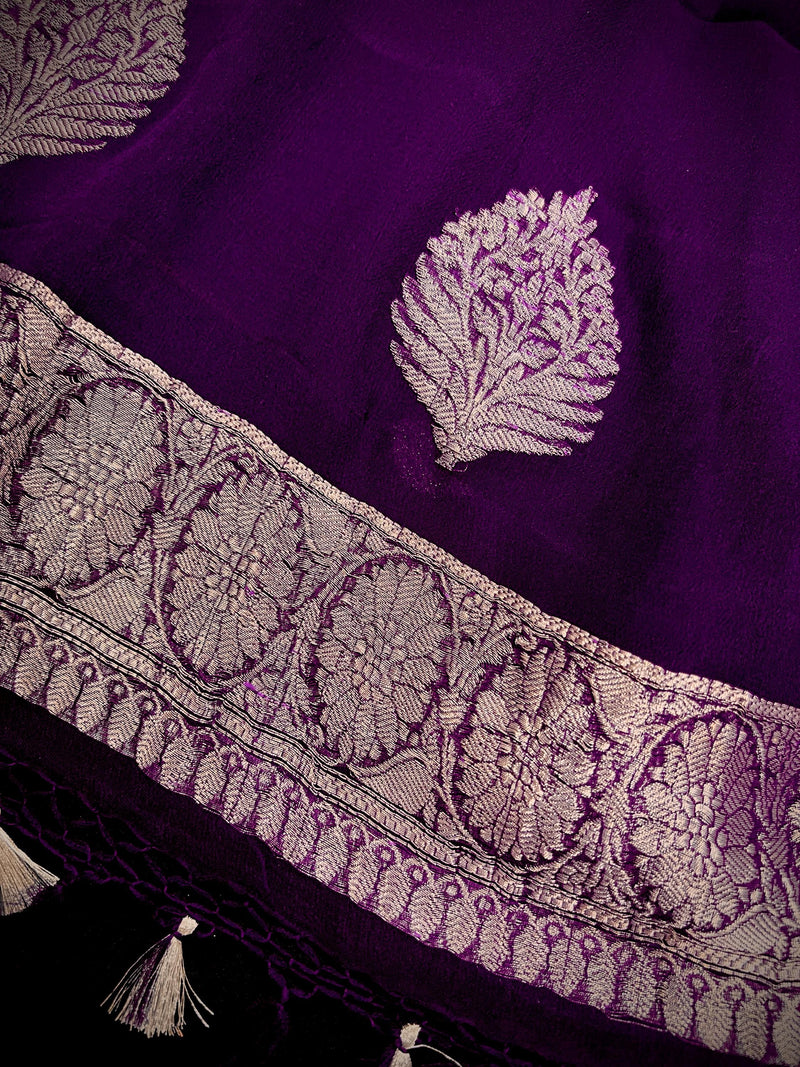 Eggplant Purple Pure Chiffon Silk Saree with Sliver Zari Work | Ambi Style Butta on the Border | Party Wear Sarees | SILK MARK CERTIFIED