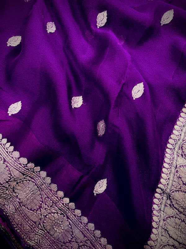 Eggplant Purple Pure Chiffon Silk Saree with Sliver Zari Work | Ambi Style Butta on the Border | Party Wear Sarees | SILK MARK CERTIFIED