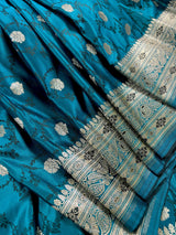 Statement Teal Blue Color Saree with Black Tanchoi Weave and Sliver Zari Banarasi Mashru Silk Saree