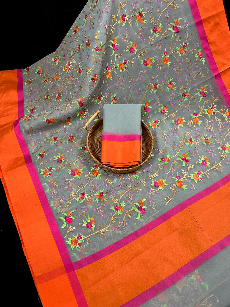 Handmade Grey Banarasi Organza Kora Silk Saree with Orange and Pink Raw Silk Patta on the Border - Floral Embroidery  Saree