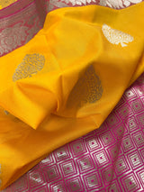 Yellow with Pink combination Traditional Banarasi Semi Katan Handloom Saree with Lotus Borders | Silk Saree