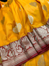 Yellow with Pink combination Traditional Banarasi Semi Katan Handloom Saree with Lotus Borders | Silk Saree