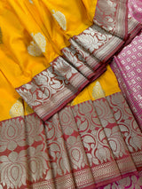 Yellow with Pink combination Traditional Banarasi Semi Katan Handloom Saree with Lotus Borders | Silk Saree