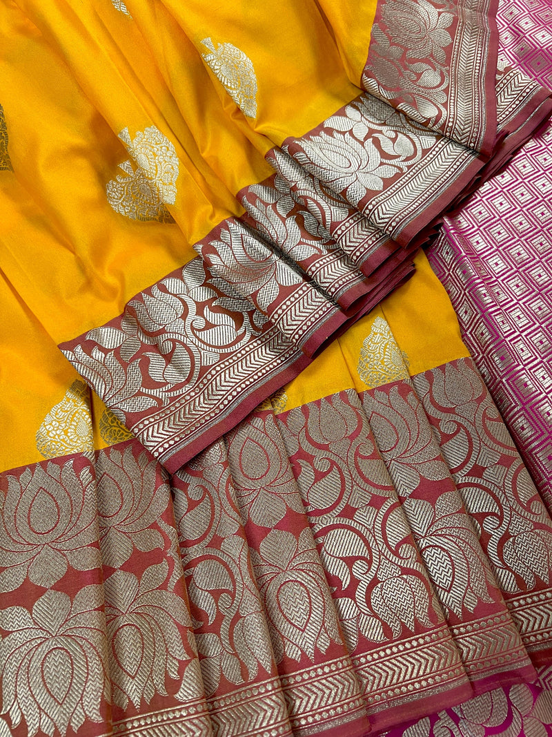 Yellow with Pink combination Traditional Banarasi Semi Katan Handloom Saree with Lotus Borders | Silk Saree