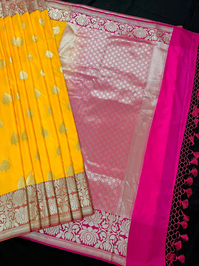 Yellow with Pink combination Traditional Banarasi Semi Katan Handloom Saree with Lotus Borders | Silk Saree