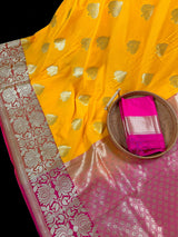 Yellow with Pink combination Traditional Banarasi Semi Katan Handloom Saree with Lotus Borders | Silk Saree