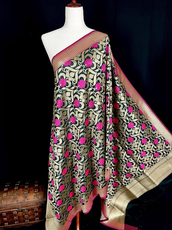 Black Color Floral Jaal Banarasi Silk Dupatta | Meenkari Hot Pink Flowers with Grand Borders | Floral Dupatta | Benarasi Dupatta