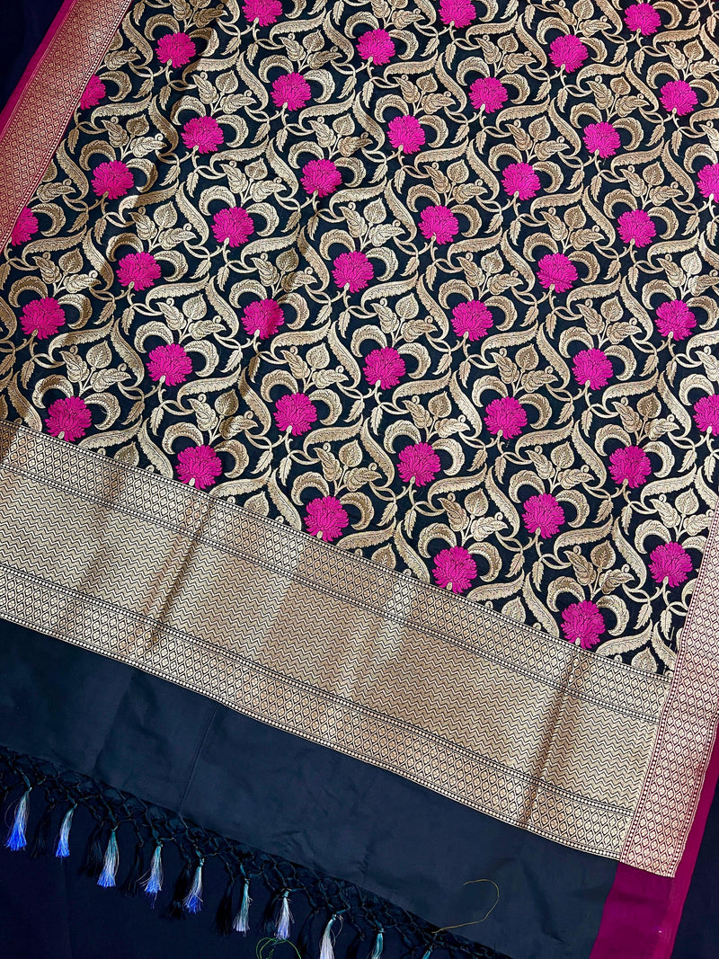 Black Color Floral Jaal Banarasi Silk Dupatta | Meenkari Hot Pink Flowers with Grand Borders | Floral Dupatta | Benarasi Dupatta