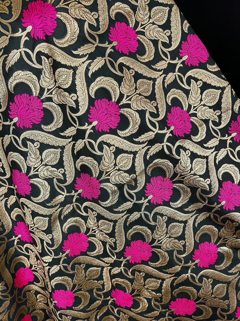 Black Color Floral Jaal Banarasi Silk Dupatta | Meenkari Hot Pink Flowers with Grand Borders | Floral Dupatta | Benarasi Dupatta