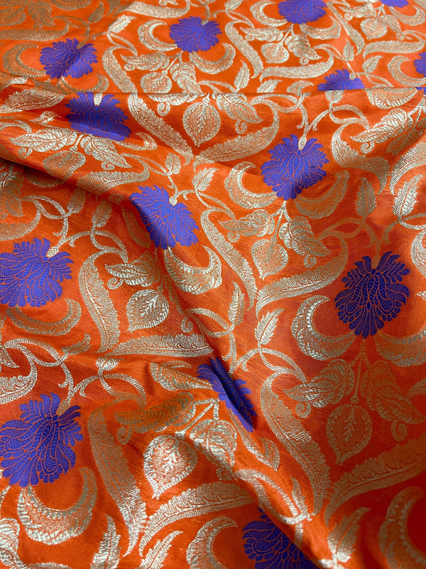 Orange Color Floral Jaal Banarasi Silk Dupatta | Meenkari Royal Blue Flowers with Grand Borders | Floral Dupatta | Benarasi Dupatta