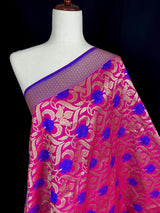 Pink Color Floral Jaal Banarasi Silk Dupatta | Meenkari Royal Blue Flowers with Grand Borders | Floral Dupatta | Benarasi Dupatta