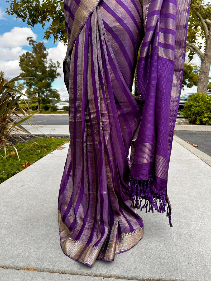 Pre Stitched Saree with Readymade Blouse | Statement Handmade Purple Color Striped Banarasi Satin Tissue Silk Saree