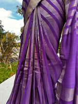 Pre Stitched Saree with Readymade Blouse | Statement Handmade Purple Color Striped Banarasi Satin Tissue Silk Saree