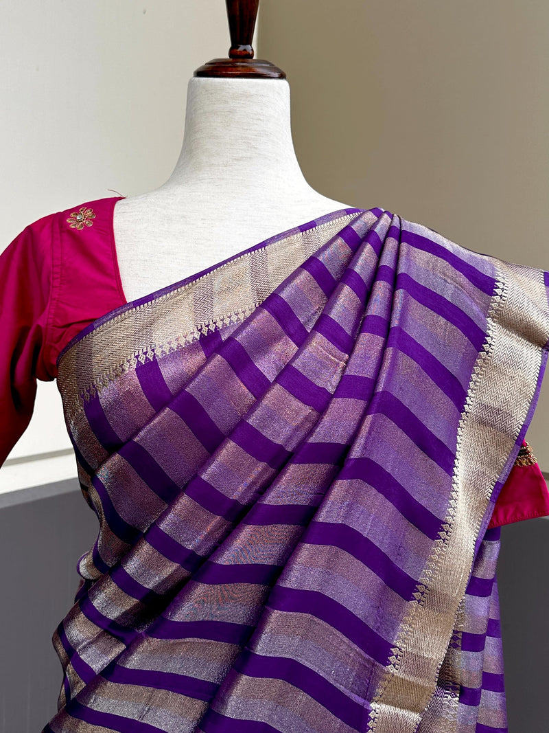 Pre Stitched Saree with Readymade Blouse | Statement Handmade Purple Color Striped Banarasi Satin Tissue Silk Saree