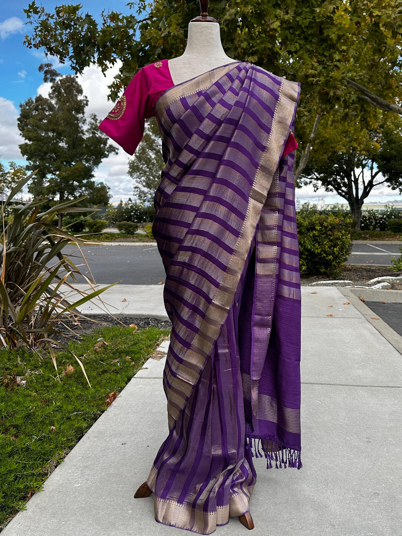 Pre Stitched Saree with Readymade Blouse | Statement Handmade Purple Color Striped Banarasi Satin Tissue Silk Saree