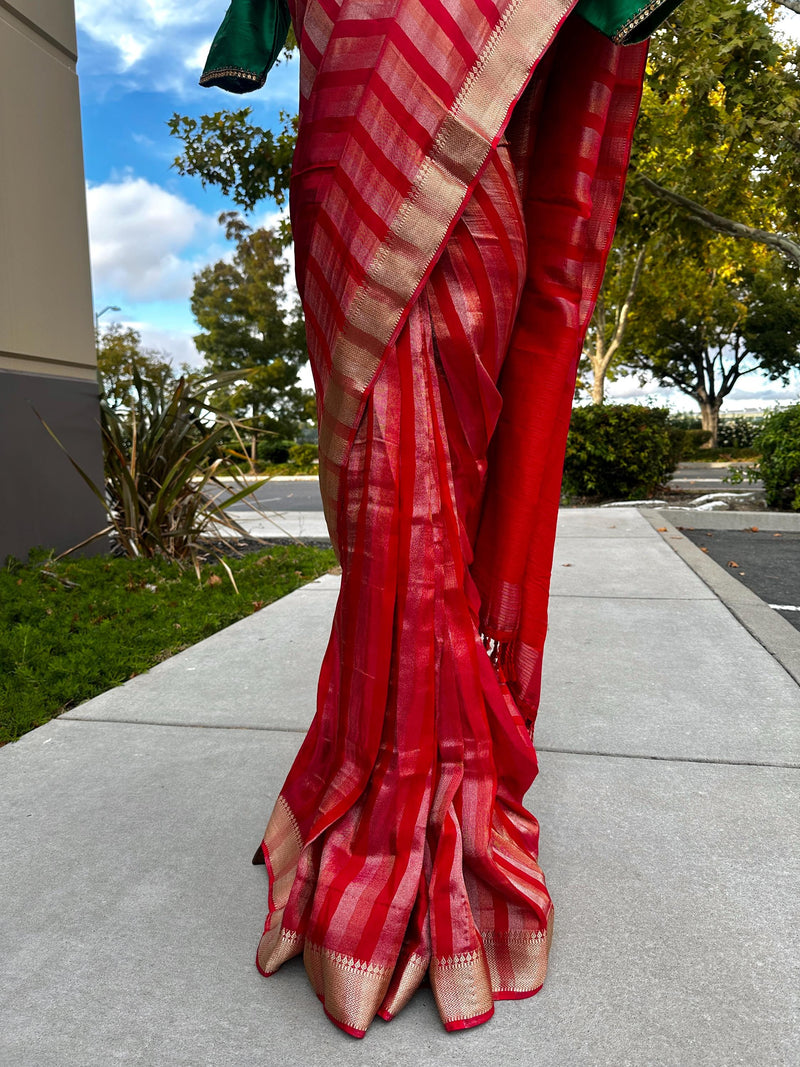 Pre Stitched Saree with Readymade Blouse | Statement Handmade Red Color Striped Banarasi Satin Tissue Silk Saree