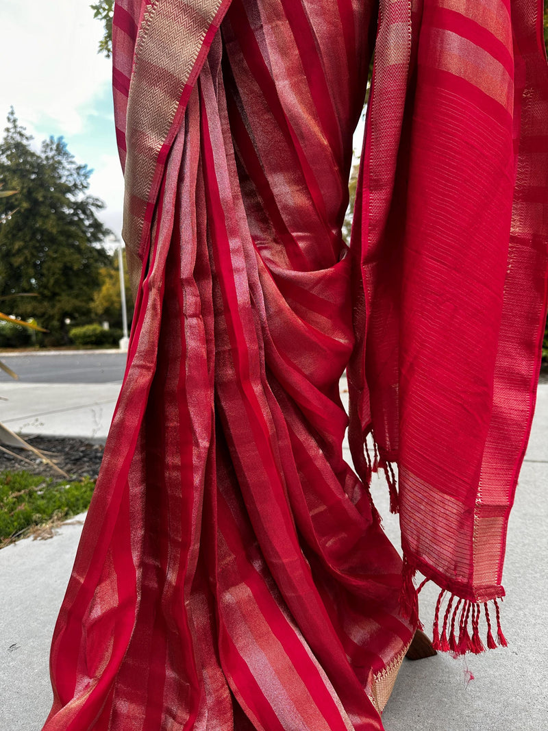 Pre Stitched Saree with Readymade Blouse | Statement Handmade Red Color Striped Banarasi Satin Tissue Silk Saree